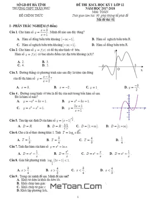Đề thi KSCL học kỳ 1 Toán 12 năm 2017 - 2018 trường THPT Trần Phú - Hà Tĩnh