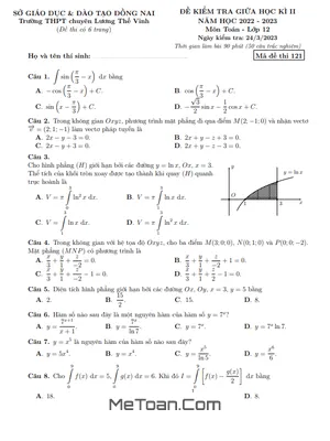 Đề thi giữa kì 2 Toán 12 năm 2022 - 2023 trường chuyên Lương Thế Vinh - Đồng Nai