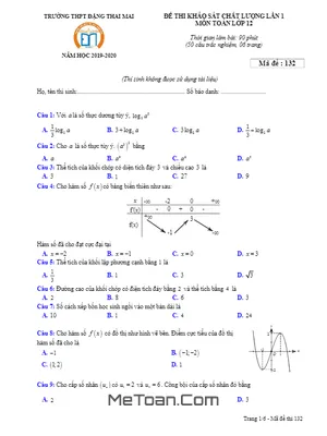 Đề KSCL Toán 12 Lần 1 Năm 2019 - 2020 Trường THPT Đặng Thai Mai - Thanh Hóa