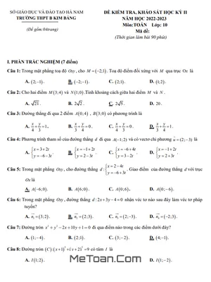 Đề thi học kỳ 2 Toán lớp 10 năm 2022 - 2023 trường THPT B Kim Bảng - Hà Nam có lời giải