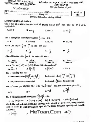 Đề thi HK2 Toán 10 năm 2016 - 2017 trường THPT Hai Bà Trưng - TT. Huế