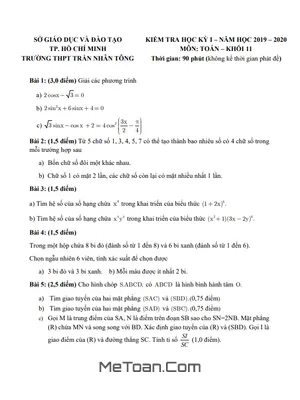 Đề thi HK1 Toán 11 năm 2019 - 2020 trường THPT Trần Nhân Tông - TP HCM