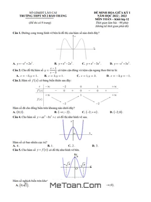 Đề minh họa Toán 12 giữa kì 1 năm 2022 – 2023 trường THPT Bảo Thắng 2 – Lào Cai