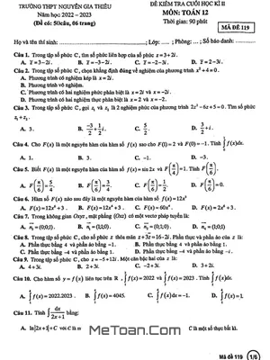Đề thi cuối học kì 2 Toán 12 năm 2022 – 2023 trường THPT Nguyễn Gia Thiều – Hà Nội