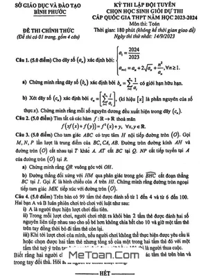 Đề chọn đội tuyển thi HSGQG môn Toán năm 2023 - 2024 sở GD&ĐT Bình Phước