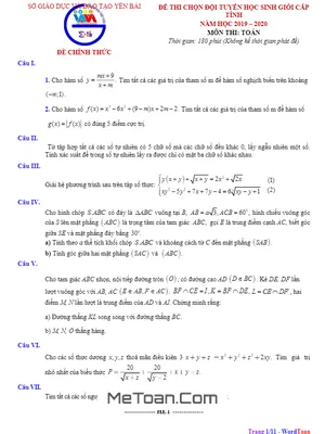 Đề thi học sinh giỏi Toán 12 cấp tỉnh năm 2019 - 2020 sở GD&ĐT Yên Bái
