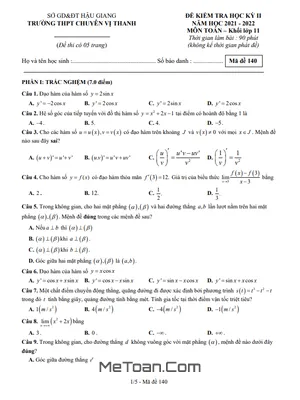 Đề thi học kỳ 2 Toán 11 năm 2021 - 2022 trường chuyên Vị Thanh - Hậu Giang