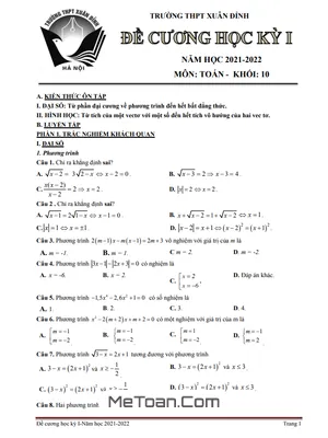 Đề Cương Ôn Tập Học Kỳ 1 Toán 10 Năm 2021 - 2022 Trường THPT Xuân Đỉnh - Hà Nội