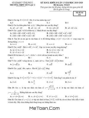 Đề KSCL Toán 10 lần 1 năm 2019 - 2020 trường THPT Yên Lạc 2 - Vĩnh Phúc