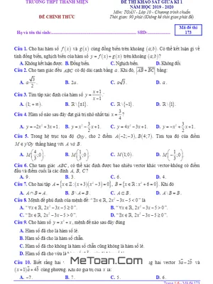 Đề thi giữa kì 1 Toán 10 năm 2019 – 2020 trường Thanh Miện – Hải Dương