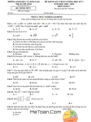 Đề thi học kỳ 1 Toán 7 năm 2023 - 2024 phòng GD&ĐT Mỹ Hào - Hưng Yên