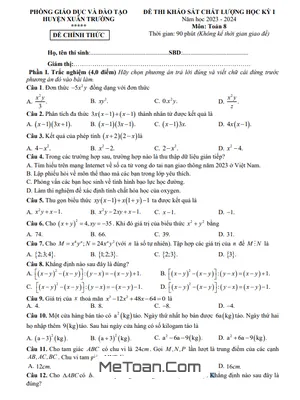 Đề thi học kì 1 Toán 8 năm 2023 - 2024 phòng GD&ĐT Xuân Trường - Nam Định