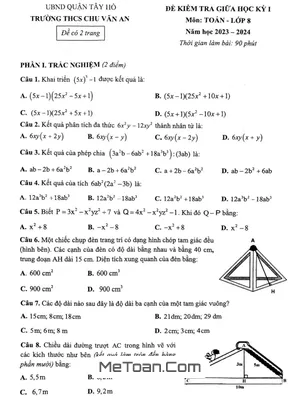 Đề thi giữa kì 1 Toán lớp 8 năm 2023 - 2024 trường THCS Chu Văn An - Hà Nội