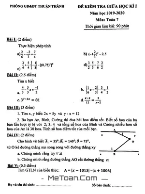 Đề kiểm tra giữa kì 1 Toán 7 năm 2019 - 2020 phòng GD&ĐT Thuận Thành - Bắc Ninh