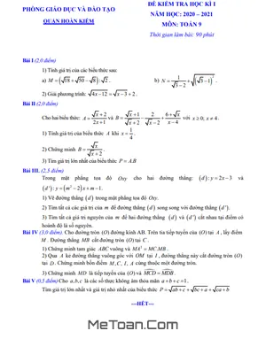 Đề thi học kì 1 Toán 9 năm 2020 - 2021 phòng GD&ĐT Hoàn Kiếm - Hà Nội