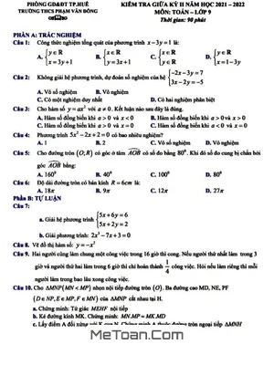Đề thi giữa kỳ 2 Toán 9 năm 2021-2022 trường THCS Phạm Văn Đồng - TT Huế