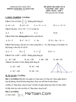 Đề thi học kì 2 Toán 7 năm 2023 - 2024 phòng GD&ĐT Châu Đức - BR VT