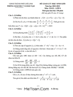 Đề Giao Lưu HSG Toán 8 Năm 2022 - 2023 Phòng GD&ĐT Chí Linh - Hải Dương
