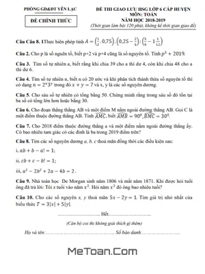 Đề thi giao lưu HSG Toán 6 năm 2018 - 2019 phòng GD&ĐT Yên Lạc, Vĩnh Phúc