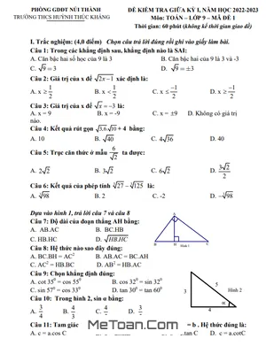 Đề thi giữa kỳ 1 Toán lớp 9 năm 2022 - 2023 trường THCS Huỳnh Thúc Kháng - Quảng Nam