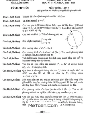 Đề thi cuối kì 2 Toán 9 năm 2020 - 2021 Sở GD&ĐT Lâm Đồng