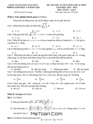 Đề thi thử Toán vào lớp 10 năm 2024 - 2025 phòng GD&ĐT TP Nam Định