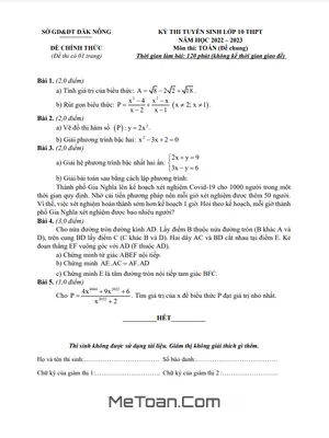Đề thi tuyển sinh lớp 10 môn Toán (chung) năm 2022 - 2023 Sở GD&ĐT Đắk Nông