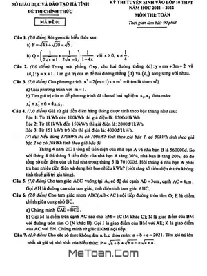 Đề thi tuyển sinh lớp 10 môn Toán năm 2021 - 2022 Sở GD&ĐT Hà Tĩnh