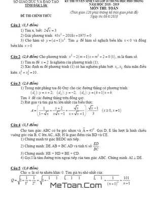 Đề Thi Tuyển Sinh Lớp 10 Môn Toán Sở GD&ĐT Đắk Lắk Năm 2018 - 2019 có lời giải