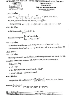 Đề thi chọn HSG tỉnh Toán 9 THCS năm 2018 - 2019 sở GD&ĐT Hải Dương