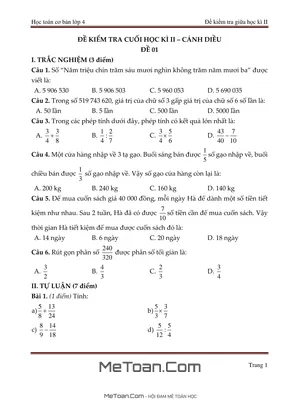 Bộ 5 Đề Thi Cuối Học Kì 2 Môn Toán Lớp 4 (Cánh Diều)
