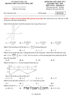 Đề Thi Giữa Kỳ 1 Toán 12 Năm 2025-2026 THPT Nguyễn Công Trứ - Đắk Lắk (Có Đáp Án)