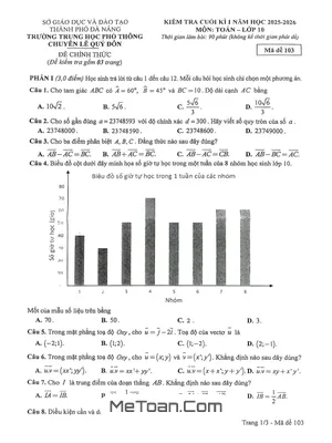 Đề thi học kì 1 Toán 10 trường Chuyên Lê Quý Đôn Đà Nẵng năm 2025 - 2026