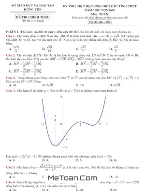 Đề thi học sinh giỏi cấp tỉnh môn Toán THPT năm học 2025 – 2026 tỉnh Hưng Yên