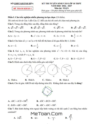 Đề Tham Khảo Thi Tuyển Sinh Lớp 10 Môn Toán 2026-2027 Khánh Hòa