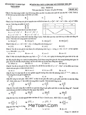 Đề thi học kì 1 Toán 12 năm 2020 - 2021 sở GD&ĐT Thái Bình