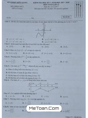 Đề thi HK1 Toán 12 năm 2017 - 2018 Sở GD&ĐT Kiên Giang