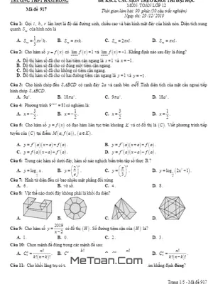 Đề KSCL Toán 12 thi Đại học năm 2019 - 2020 trường Hàm Rồng - Thanh Hóa