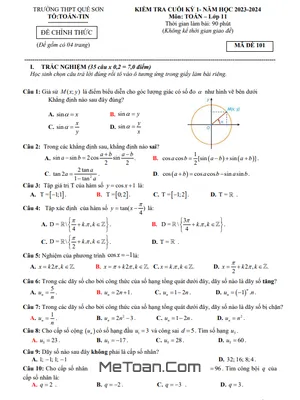 Đề thi học kỳ 1 Toán 11 năm 2023 - 2024 trường THPT Quế Sơn - Quảng Nam (có đáp án)
