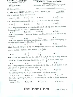 Đề thi HK1 Toán 11 năm học 2019 – 2020 sở GD&ĐT Bà Rịa – Vũng Tàu