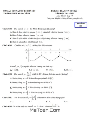 Đề thi giữa học kỳ 1 Toán 12 năm 2021 - 2022 trường THPT Nhân Chính - Hà Nội