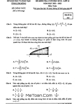 Đề kiểm tra cuối học kì 2 Toán 12 năm 2021 - 2022 sở GD&ĐT Lâm Đồng