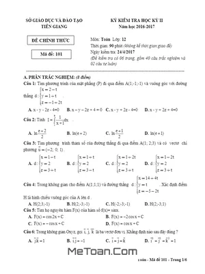 Đề thi HK2 Toán 12 năm học 2016 - 2017 sở GD&ĐT Tiền Giang