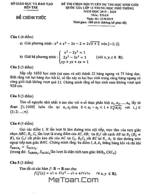 Đề chọn đội tuyển thi HSG Quốc gia Toán 12 năm 2019 - 2020 sở GD&ĐT Bến Tre