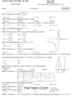 Đề thi thử Toán THPT Quốc gia 2020 lần 1 trường THPT Trần Phú – Hà Tĩnh