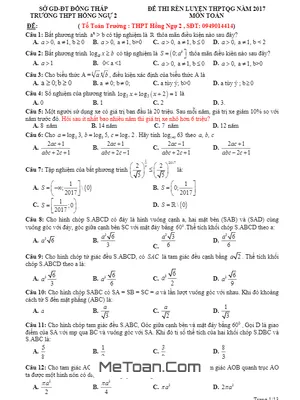Đề thi rèn luyện THPT Quốc gia 2017 môn Toán trường THPT Hồng Ngự 2 - Đồng Tháp