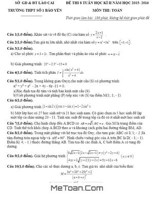 Đề thi thử THPT Quốc gia 2016 môn Toán trường THPT Bảo Yên - Lào Cai