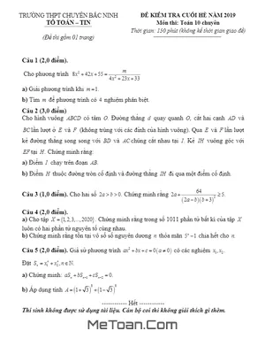 Đề kiểm tra cuối hè Toán 10 năm 2019 - THPT chuyên Bắc Ninh