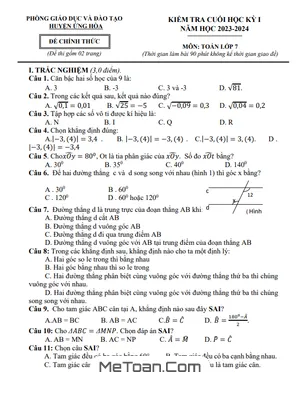 Đề thi học kỳ 1 Toán 7 năm 2023 - 2024 phòng GD&ĐT Ứng Hòa - Hà Nội