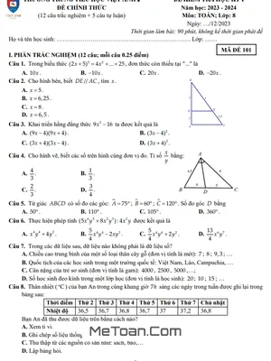 Đề Thi Học Kỳ 1 Toán 8 Năm 2023 - 2024 Trường Việt Anh 2 - Bình Dương